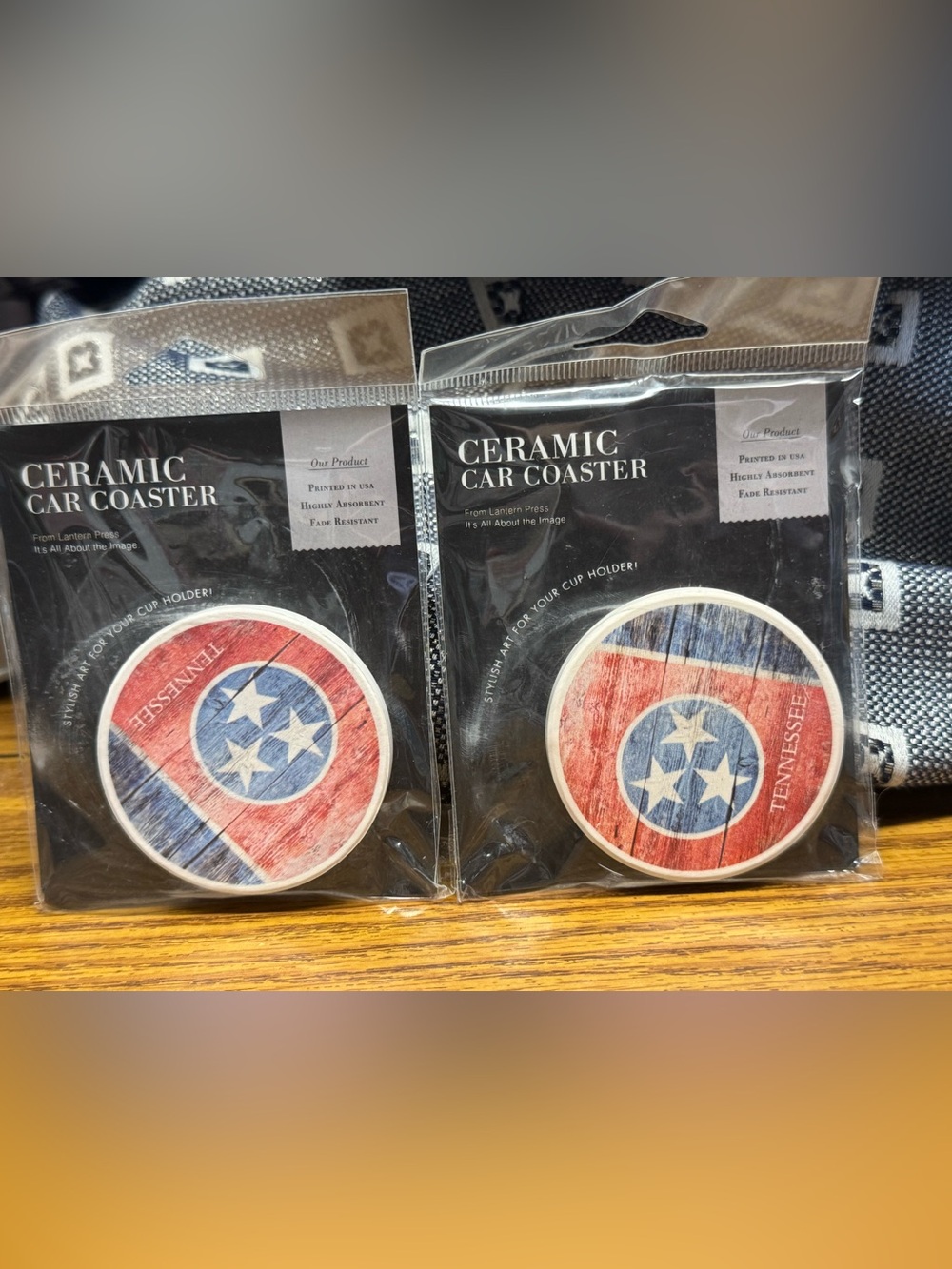 Lantern Press ceramic car coasters feature a rustic Tennessee state flag design